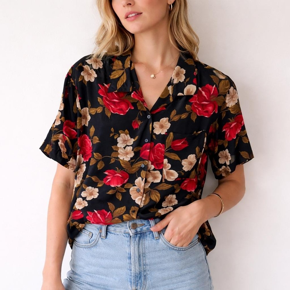 JONES NEW YORK 100% Silk Floral Blouse‎ Red Rose Whimsigoth Dark Academia 14